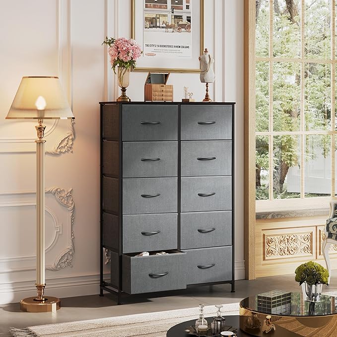 WLIVE Tall Dresser for Bedroom with 10 Drawers, Chest of Drawers, Dressers Bedroom Furniture, Grey Dresser with Fabric Bins for Closet, Hallway, Living Room, Entryway, Dark Grey