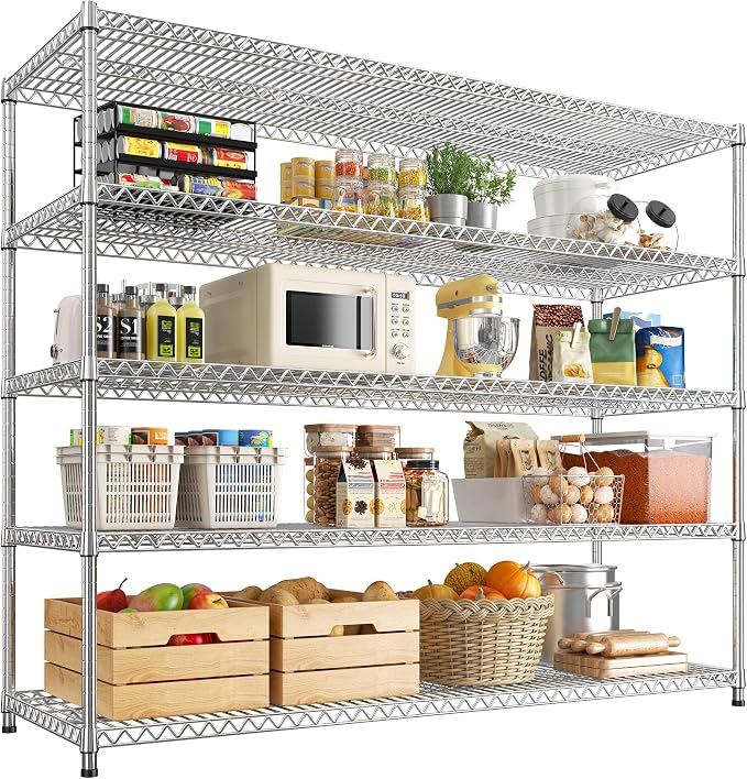 REIBII 55.5" W Storage Shelves 3200LBS Metal Shelving 5 Tier Wire Shelving Garage Shelving Heavy Duty Metal Shelves for Shelving Unit Commercial Adjustable Shelf, 55.5" W X 18''D X 71" H，Chrome by REIBII
