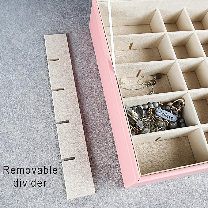 Frebeauty Earring Organizer Classic Jewelry Box 50 Slots Double Layer Jewelry Storage Case with 6 Necklace Hook and Bracelet Pocket(Pink) - Image 5
