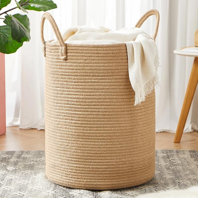60L Jute Woven Laundry Hamper Basket Wicker Rope Clothes Hamper Tall Rattan Blanket Basket in Living Room Bedroom 15Dx20H Inches Large by MOJOSCEND