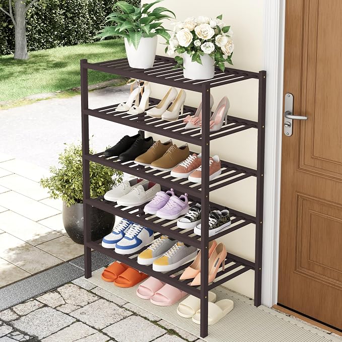 Smiry Shoe Rack, 5 Tier Thick Bamboo Shoe Organizer, Stackable Free Standing Wooden Shoe Storage Shelf for Closet, Entryway, Front Door Entrance, Brown - Image 6