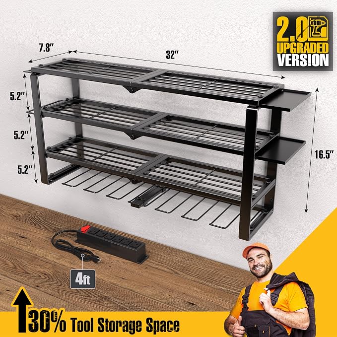 Spampur 420LB Capacity Power Tool Organizer with Charging Station & 6 Outlets | Quick Assembly 4-Layer Heavy Duty Rack for Drills & Batteries | Ultimate Garage Storage & Christmas Gift for Men - Image 6