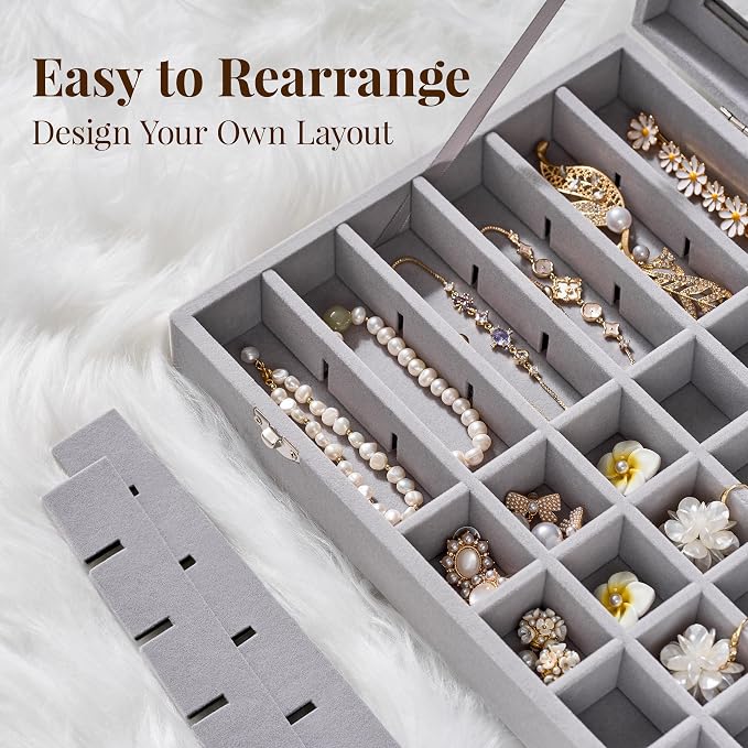 48 Grid Earring Organizer and Storage: Velvet Jewelry Tray with Lid, Jewelry Box for Studs, Earrings, Rings, Necklaces, Dresser & Vanity, Earrings Case Organizer for Girls, Women, 13"x8.6"x2.4", Grey - Image 5