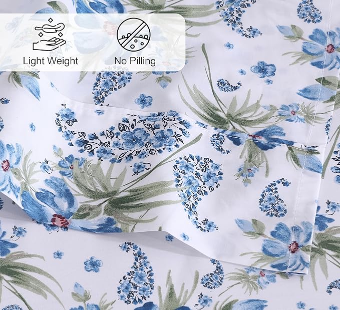 RUVANTI 100% Cotton Sheets Queen Size Set, 4 Pieces, Soft & Breathable Percale Weave Bedding, Deep Pocket 16", Hotel Standard, Crisp Cool Feeling, Durable, Perfect Floral Bed Sheet, Paislyona