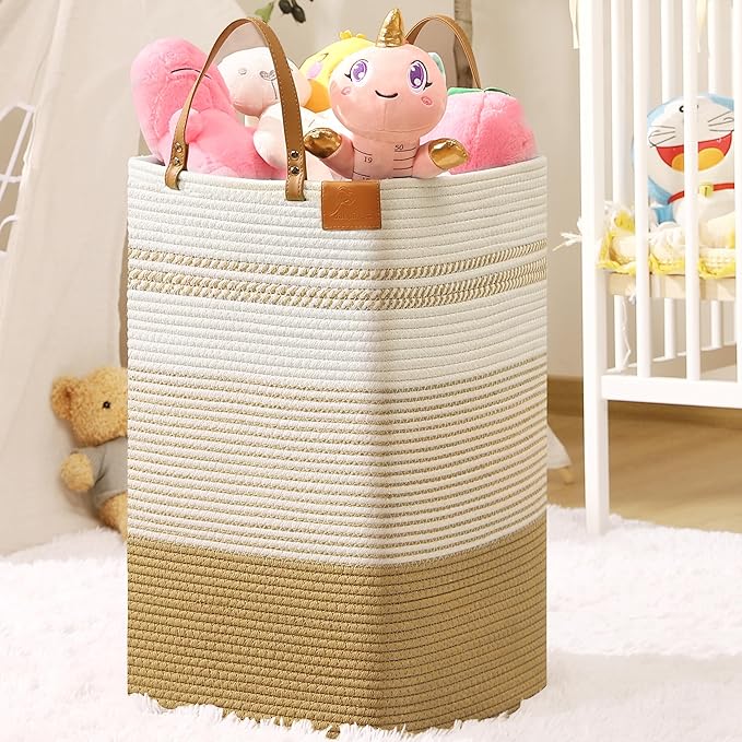 danpinera 100L Nursery Hamper, Tall Woven Laundry Basket with Long Leather Handles, Boho Laundry Hamper for Living Room & Bedroom, Eco-friendly & Convenient Decorative Storage Basket White & Jute by danpinera