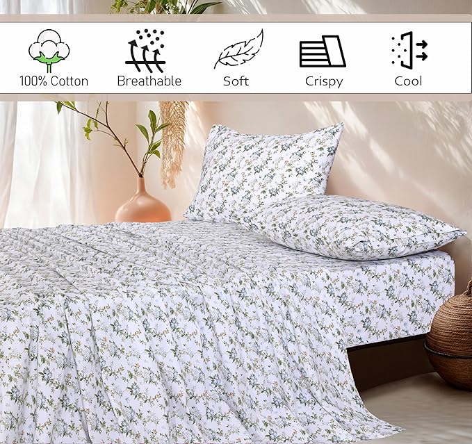 RUVANTI 100% Cotton Sheets – Twin Size Percale Bedding, Cooling & Breathable Floral Design, Durable with a Crisp, Soft & Comfortable Feel, 16" Deep Pocket, 3-Piece Set, Heritage