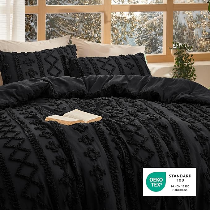 Bedsure Tufted Boho Comforter Set King Size - Black Boho Bed Set, GentleSoft™ 3 Pieces Farmhouse Shabby Chic Embroidery Bedding, Gifts for Woman, Soft Jacquard King Comforter for All Seasons