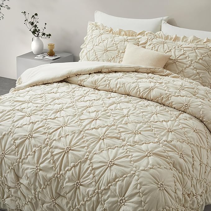 BEDAZZLED Queen Size Comforter Sets, Beige Bedding Comforter Set, 3 Pieces Pinch Pleat Bedding Sets with Comforter and Pillowcases Soft Farmhouse Shabby Chic Comforter for All Season