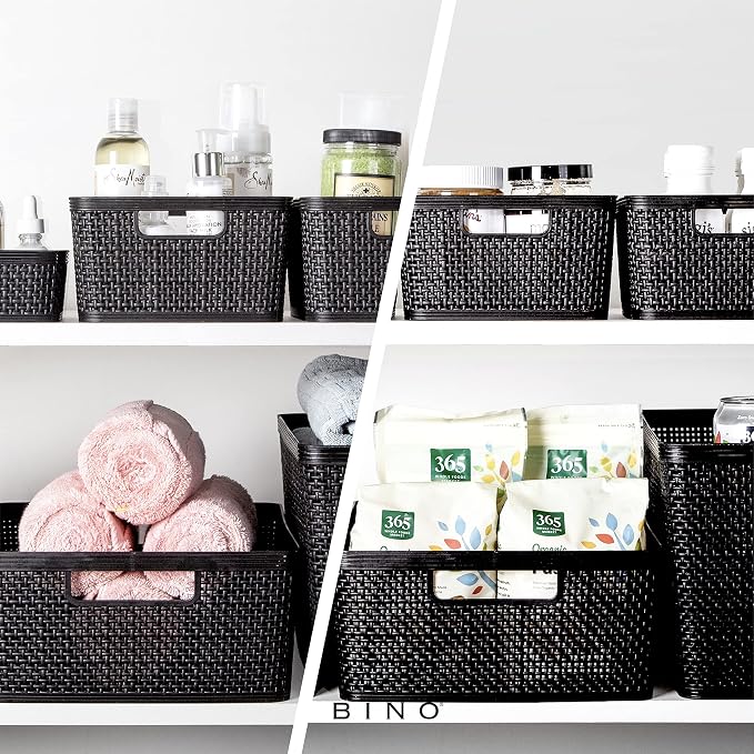 BINO | Woven Plastic Basket | Large (Black), 3-Pack | THE JUTE COLLECTION | Home Organization, Space - Saving Storage, Stylish Design | Jute Basket | Plastic Storage Basket - Image 5