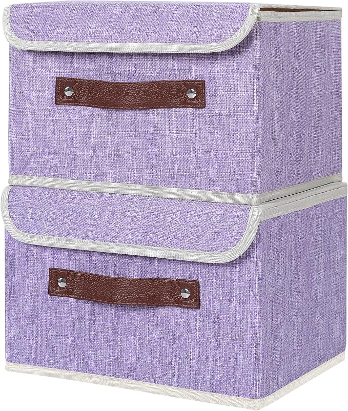 ANMINY 2PCS Storage Bins with Lid PU Leather Handles Storage Boxes PP Plastic Board Decorative Foldable Lidded Cotton Linen Fabric Home Cubes Baskets Closet Organizer Containers - Purple, Small Size - Image 2