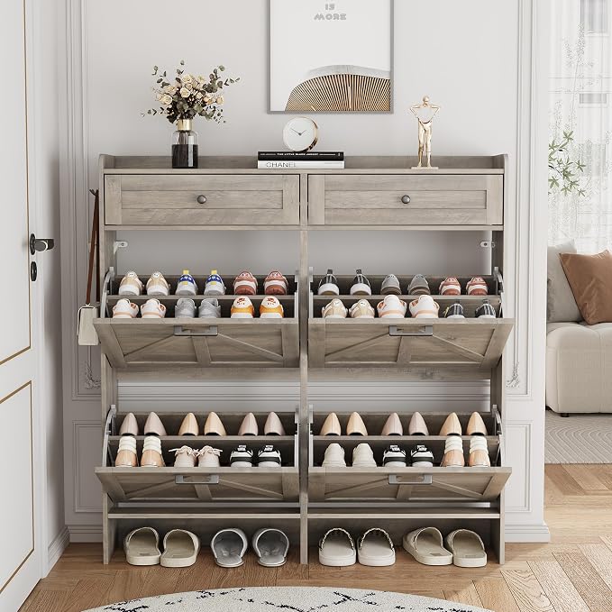 Shoe Cabinet with 4 Flip Drawers & 2 Top Drawers, 43" Tall Freestanding Narrow Wooden Shoe Storage Organizer for Entryway, Hidden Slim Shoe Rack for Front Door Entrance, Hallway, Living Room, Grey - Image 8