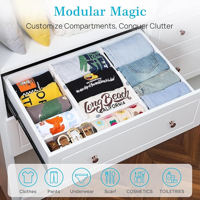 Vtopmart 16 Pack Drawer Dividers for Clothes, 4" High 11.3"-17" Adjustable Expandable Dresser Drawer Organizer, Plastic Drawers Separator for Dresser, Baby Clothes, Underwear, Kitchen & Office Storage - Image 3