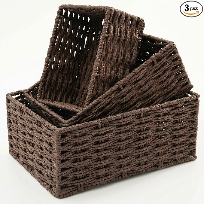 Small Wicker Basket for Organizing, Woven Storage Basket Set of 3 - Handwoven Natural Paper Rope Baskets to Declutter Any Room, Perfect for Organizing and Home Decor (Coffee) by Unknown