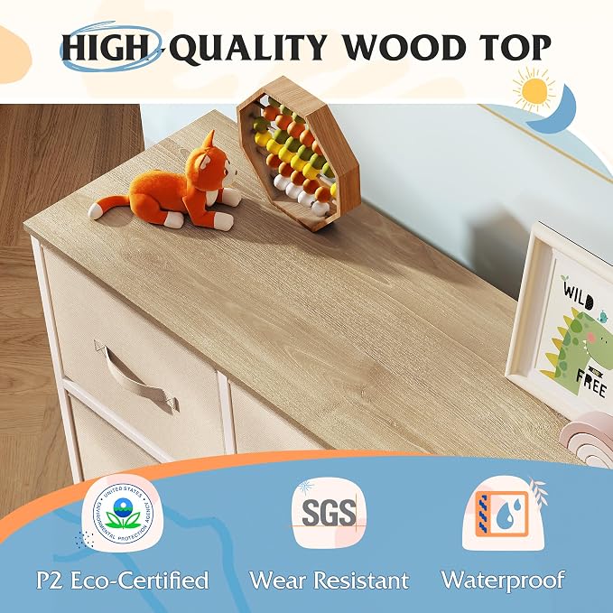 WLIVE 9 Drawer Dresser, Fabric Storage Tower for Bedroom, Hallway, Closet, Tall Chest Organizer Unit for Bedroom with Fabric Bins, Steel Frame, Wood Top, Easy Pull Handle, Cream White - Image 6