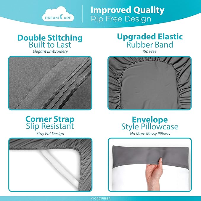DREAMCARE King Size Sheets Set - 6 pcs Breathable Cooling Bed Sheets - up to 21" Extra Deep Pocket King Sheet Set with Side Pockets - Extra Soft 100% Brushed Hypoallergenic Hotel Luxury Bedding - Gray