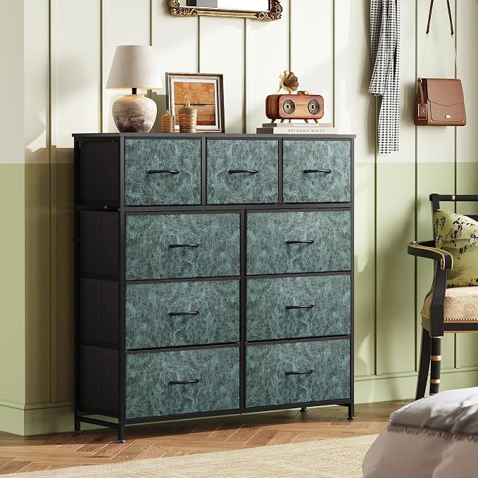 WLIVE 9 Drawer Dresser, Fabric Storage Tower for Bedroom, Hallway, Closet, Tall Chest Organizer Unit for Bedroom with Fabric Bins, Steel Frame, Wood Top, Easy Pull Handle, Vintage Green - Image 2
