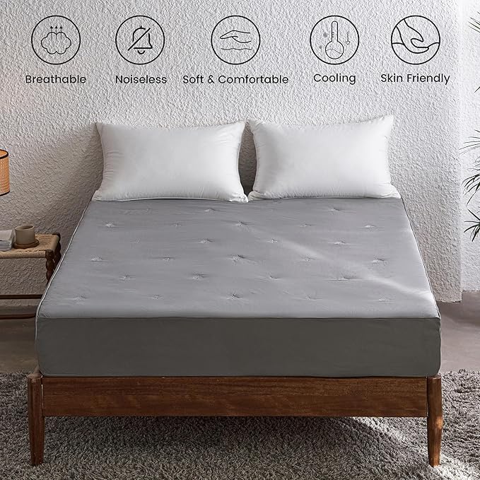 Simple&Opulence Cooling Quilted Mattress Pad – Fitted Sheet Mattress Protector Cover with Elastic Corners, Soft & Breathable, 16 Inch Deep Pocket (Dark Grey,Twin)