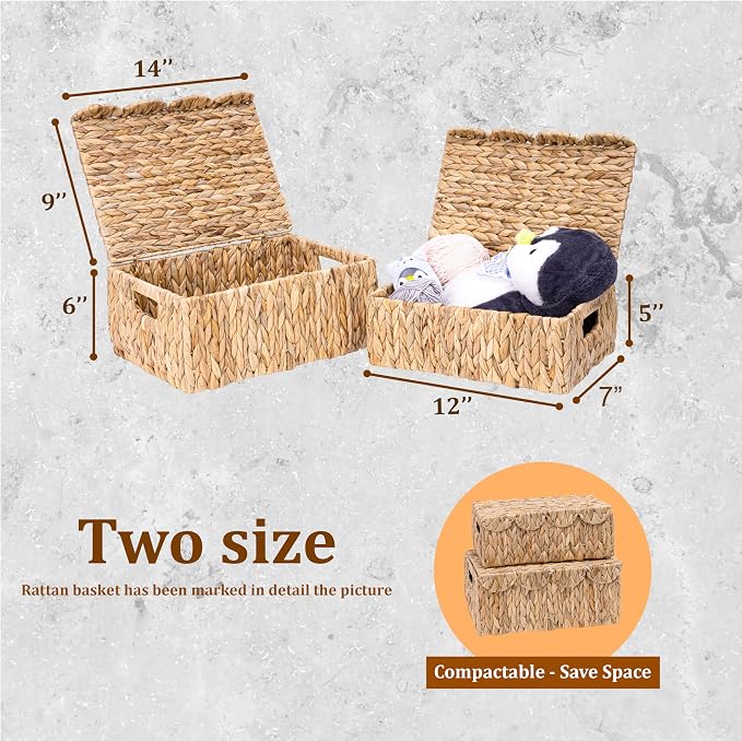 LUSYDECO Set of 2 Scalloped Edge Wicker Basket with Lids, Rectangle Wicker Storage Basket with Built-in Handles, Multipurpose Organizer Rattan Display Boxes for Shelf, Nursery Room - Image 4