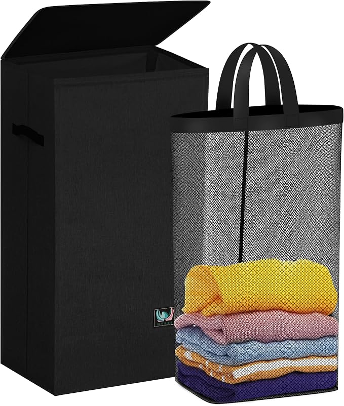 WTREE Laundry Hamper with Lid, Reinforced Sturdy Clothes Hamper with Anti-Puncture Base, Large Collapsible Laundry Basket with Removable Liner Bag, Tall Dirty Clothes Bin for Family, 100L Black by WTREE