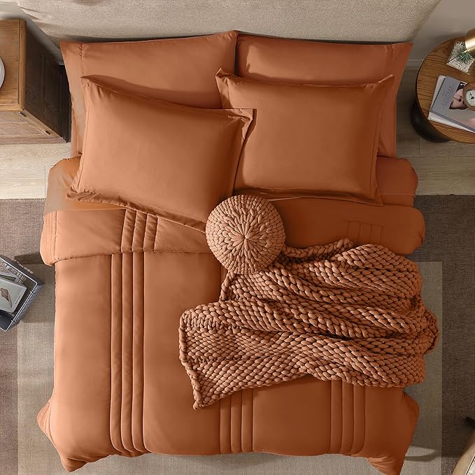 Monbix Super King Plus Size Comforter Set - 7 Pieces Burnt Orange Bed in a Bag Super King Plus Bedding Sets with Comforters, All Seasons Comforter Bed Set with Sheets,Pillowcases & Shams