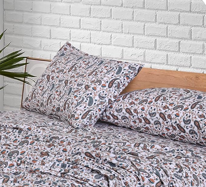 RUVANTI 100% Cotton Sheets – Full Size Percale Bedding, Cooling & Breathable Floral Design, Durable with a Crisp, Soft & Comfortable Feel, 16" Deep Pocket, 4-Piece Set, Teal Paisley