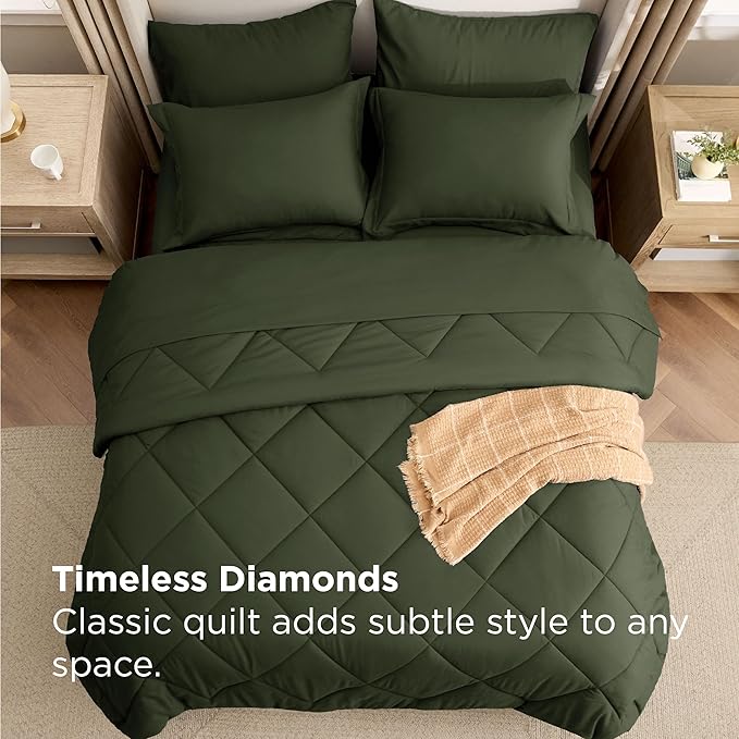 Bedsure 7 Pieces Queen Comforter Set Premium Series, Hotel Luxury Soft Bed in a Bag, Goose Down Alternative, Safe for Sensitive Skin Bedding Comforter All Season Medium Warmth, Olive Green Queen Size