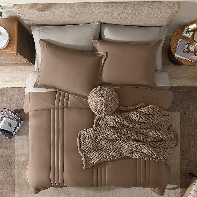 Monbix Full Comforter Set - 7 Pieces Umber Bed in a Bag Full Size Bedding Sets with Comforters, All Seasons Comforter with Sheets, Pillowcases & Shams