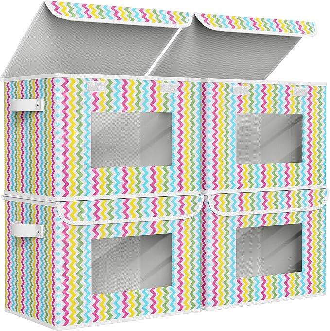 Univivi Fabric Foldable Storage Boxes [4-Pack] Large Collapsible Stackable Storage Bins with Lids, Closet Organizers and Storage Cube Basket for Home, Office, Bedroom (Colorful, 17”x 12” x 12”) by Univivi