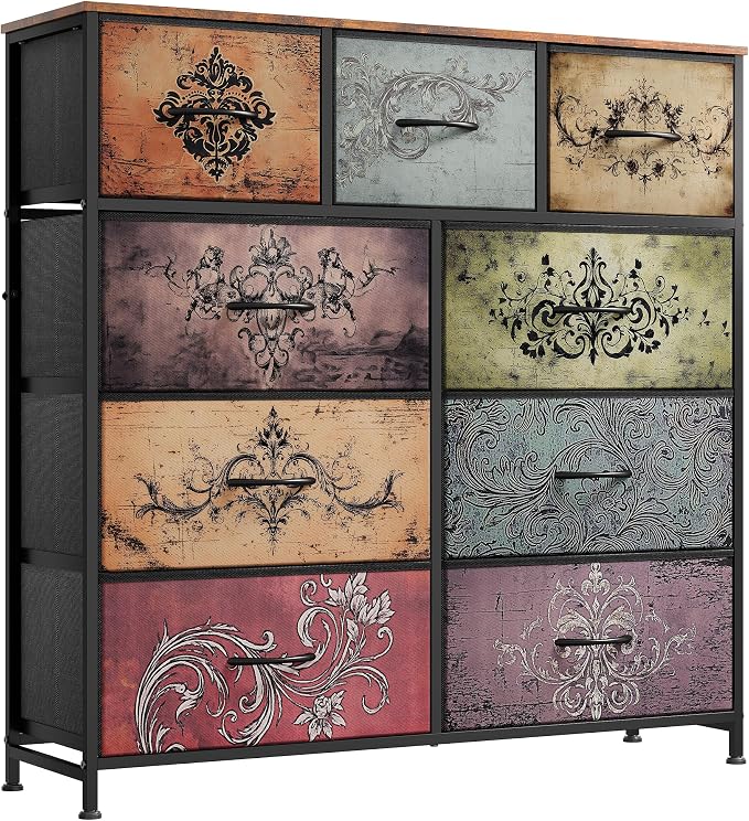 WLIVE 9 Drawer Dresser, Fabric Storage Tower for Bedroom, Hallway, Closet, Tall Chest Organizer Unit for Bedroom with Fabric Bins, Steel Frame, Wood Top, Easy Pull Handle, Pattern by WLIVE