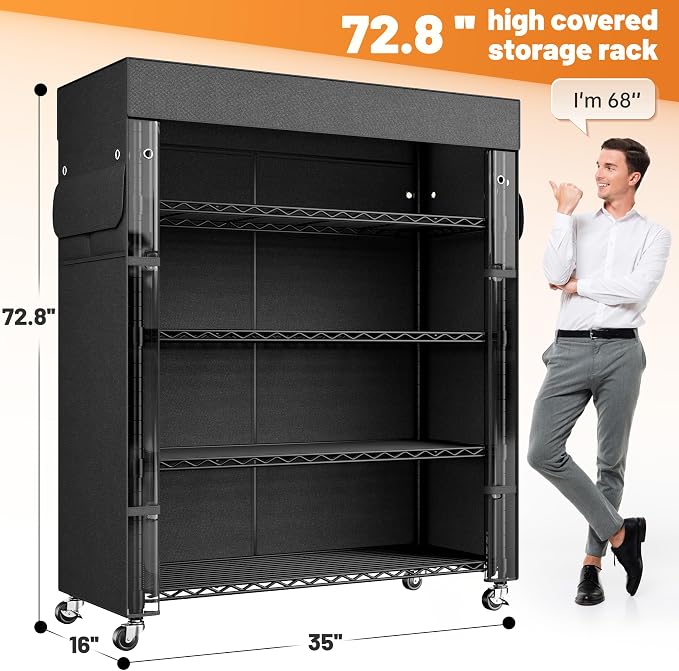 REIBII 72.8" H Storage Shelves with Cover & Wheels, Wire Shelving Heavy Duty Metal Shelving for Pantry Kitchen Garage, Storage Rack Shelf Shelving for Commercial Industrail, 35" W*16" D*72.8" H - Image 3