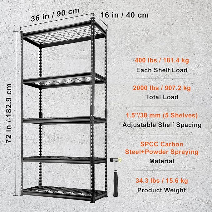 VEVOR Storage Shelving Unit, 5-Tier Adjustable, 2000 lbs Capacity, Heavy Duty Garage Shelves Metal Organizer Wire Rack, Black, 36" L x 16" W x 72" H for Kitchen Pantry Basement Bathroom Laundry Closet - Image 3