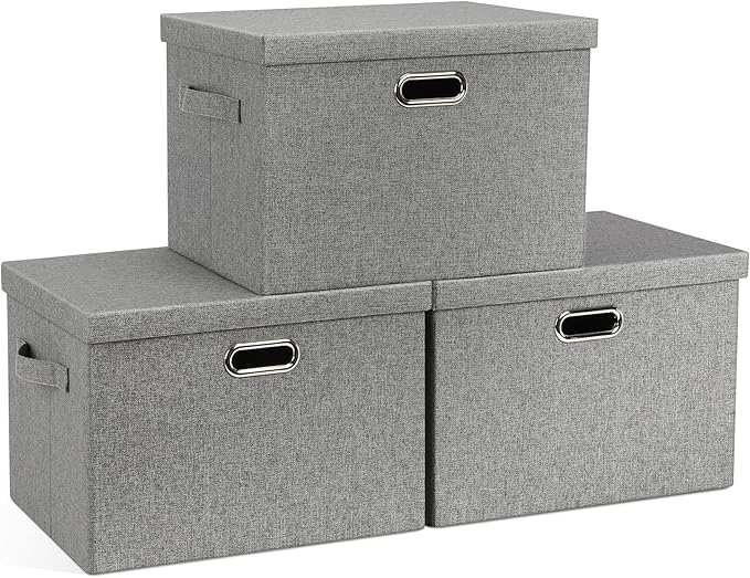 Graciadeco Large 17" 36 Quart Collapsible Stackable Storage Bins with Lids, 3 Packs Grey Linen Fabric Closet Boxes with Lids, Storage Cube Baskets Container Organizers for Bedroom Office(17 x12 x11) by GraciadecoStorage