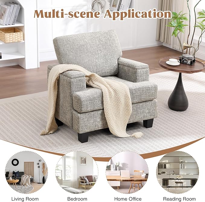 Accent Chairs Set of 2 with Armrest Storage, Upholstered Reading Living Room Chairs, Modern Comfy Large Armchairs, Fabric Single Sofa Chair for Bedroom (Light Grey)