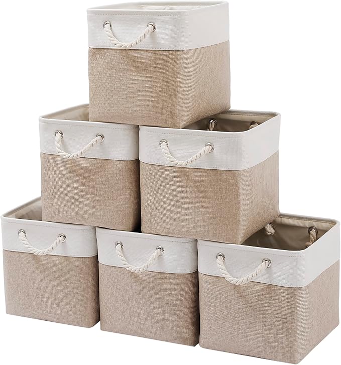 MidmmVick 11 x 11 Inch Cube Storage Bins, 6 Pack Large Collapsible Fabric Storage Bin with Ropes, Foldable Storage Cubes for Home, Office,Closet, Clothes, Toys Organizer (White & Beige-11"x11"x11") by Midmmvick