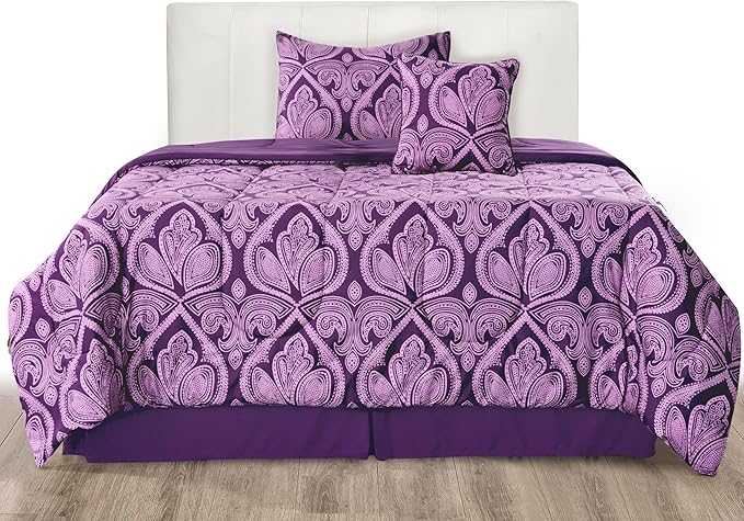 LUX Décor Reversible 4pc Twin Comforter Set, Printed Bedding Set, All-in-One Bed in a Bag, Includes 1 Comforter, 1 Pillow Sham, 1 Decor Pillow & 1 Bed Skirt (Paisley Purple,Twin)