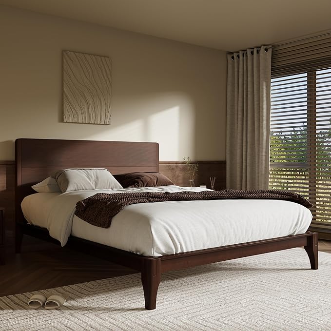 Merax King Size Bamboo Platform Bed, Mid-Century Modern Bed Frame with Tall Headboard, Solid Sustainable Bedframe King-Size, Wood Slat Support, No Box Spring Needed, Easy Assembly, Espresso