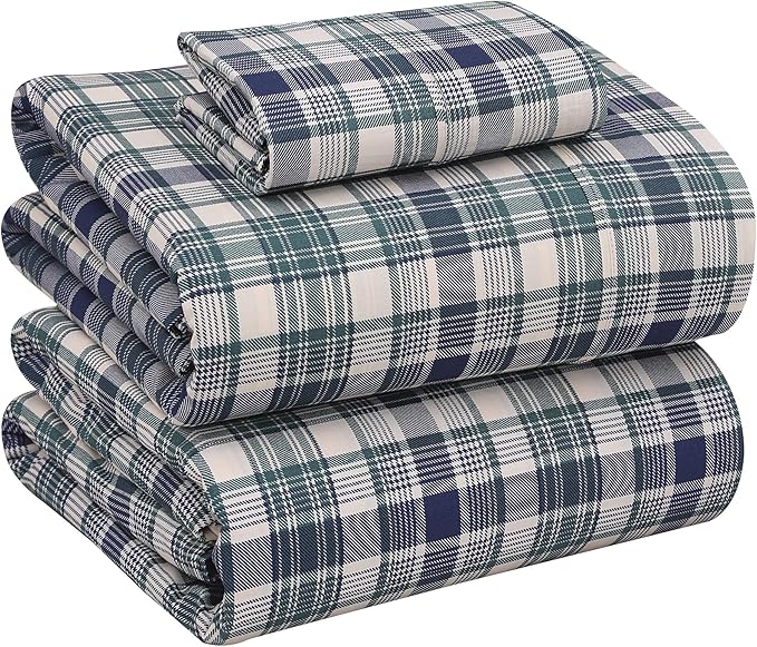 RUVANTI 100% Cotton Sheets – Twin XL Size Percale Bedding, Cooling & Breathable Floral Design, Durable with a Crisp, Soft & Comfortable Feel, 16" Deep Pocket, 3-Piece Set, Greenish Blue Plaid