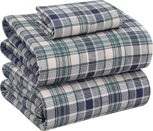 RUVANTI 100% Cotton Sheets – Twin XL Size Percale Bedding, Cooling & Breathable Floral Design, Durable with a Crisp, Soft & Comfortable Feel, 16" Deep Pocket, 3-Piece Set, Greenish Blue Plaid