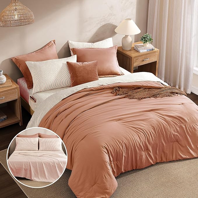 Monbix King Size Comforter Set - 7 Pieces Autumn Leaf Prewashed Bed in a Bag King Bedding Sets with Comforters, All Seasons Ultra Soft Comforter Bed Set with Sheets,Pillowcases & Shams