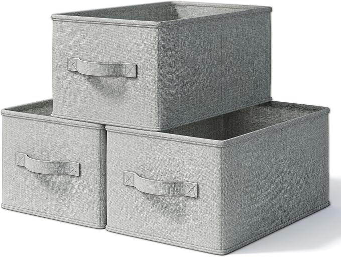 LayerSpace 3 Pack Fabric Storage Bins for Shelves | 16.25x12x10in Closet Storage Baskets | Collapsible Storage Bins |Fabric Closet Organizers with Handles | Light Gray by LaySpace-YourRoomOrganizer