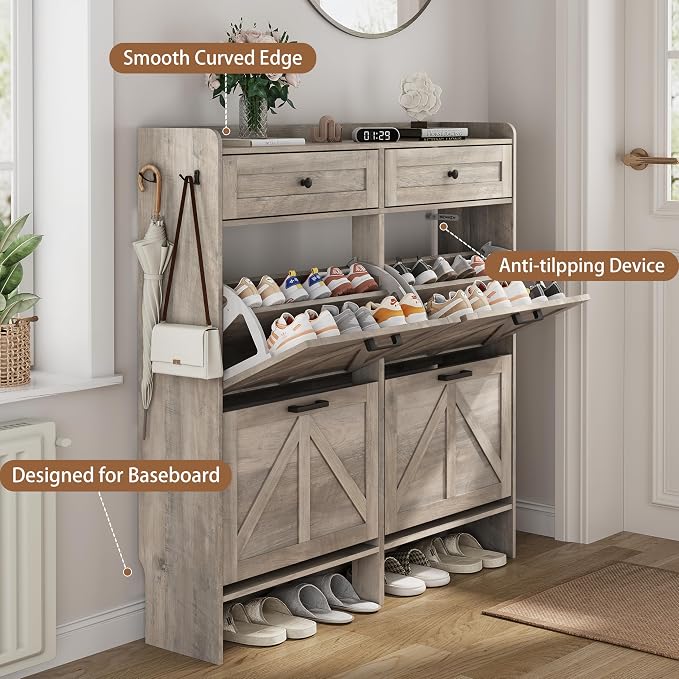 Shoe Cabinet with 4 Flip Drawers & 2 Top Drawers, 43" Tall Freestanding Narrow Wooden Shoe Storage Organizer for Entryway, Hidden Slim Shoe Rack for Front Door Entrance, Hallway, Living Room, Grey - Image 5