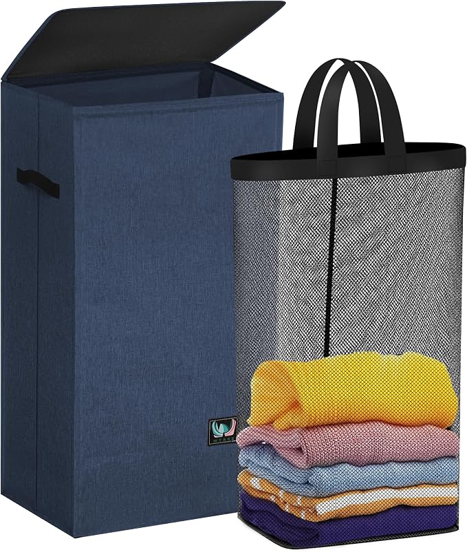 WTREE Laundry Hamper with Lid, Reinforced Sturdy Clothes Hamper with Anti-Puncture Base, Large Collapsible Laundry Basket with Removable Liner Bag, Tall Dirty Clothes Bin for Family, 100L Navy Blue by WTREE