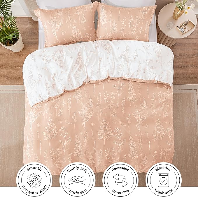 Love's cabin Pink Queen Comforter Set - Queen Size Comforter Set, 3 Pieces Cute Floral Bedding Sets for All Seasons,1 Soft Reversible Botanical Flowers Comforter and 2 Pillow Shams