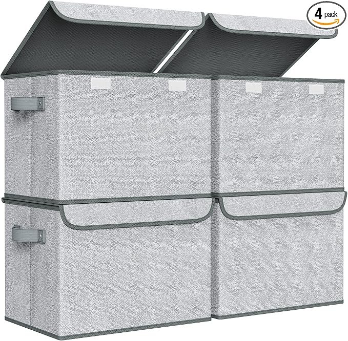 Univivi Storage Bins with Lids [4-Pack] Large Collapsible Stackable Fabric Storage Boxes with Lids, Decorative Closet Organizers and Storage for Clothes, Office, Bedroom (Gray, 17“ x 12” x 12") by Univivi