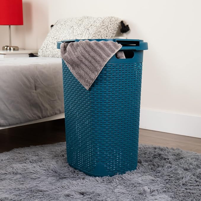 Mind Reader Slim Laundry Hamper with Lid, 60L Tall Clothes Basket, Narrow Tapered Design for Bathrooms, Closets and Laundry Rooms, Plastic, Blue - Image 2