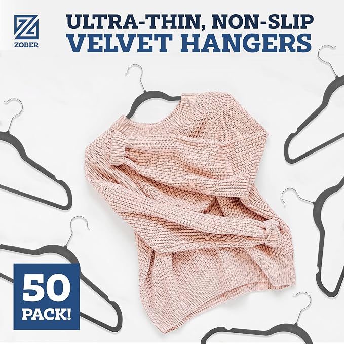 Zober Velvet Hangers 50 Pack - Heavy Duty Gray Hangers for Coats, Pants & Dress Clothes - Non Slip Clothes Hanger Set - Space Saving Felt Hangers for Clothing - Image 2