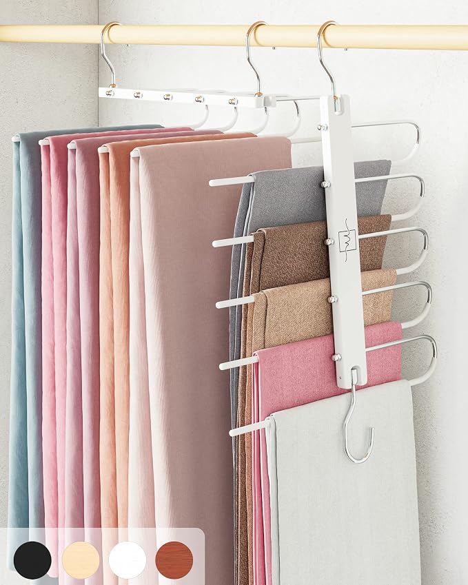 MORALVE Pants Hangers Space Saving - 4 Pack European Beechwood Scarf and Jean Hangers - Closet Organizer and Space Saver Pant Rack, Leggings Hanger, and Scarf Holder with 360° Swivel Hook by MORALVE