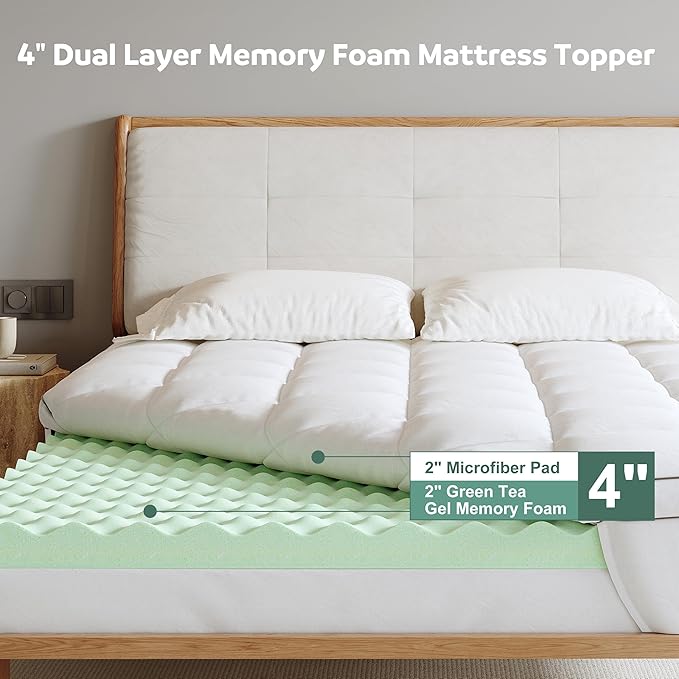 Memory Foam Mattress Topper TwinXL, 4inch Dual Layer Cooling 2''Gel Green Tea Memory Foam & 2" PillowTop Mattress Pad, 8-21inch Deep Pocket, Egg Crate for Back Pain Relief