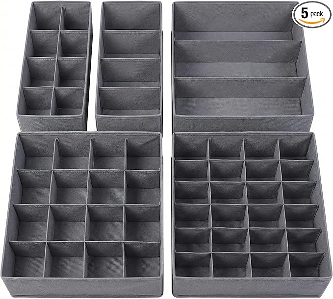 Lourome Underwear Organizer, 5 Set Foldable Fabric Underwear Drawer Organizer and Sock Organizer, Drawer Organizers for Clothing, Storage Bins for Underwear, Sock, Bra and Tie by Lourome
