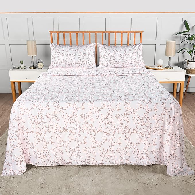 Utopia Bedding Queen Sheet Set, Soft Microfiber 4 Piece Bed Sheets with 15" Deep Pocket - Easy Care Brushed Microfiber (Vines - Coral)